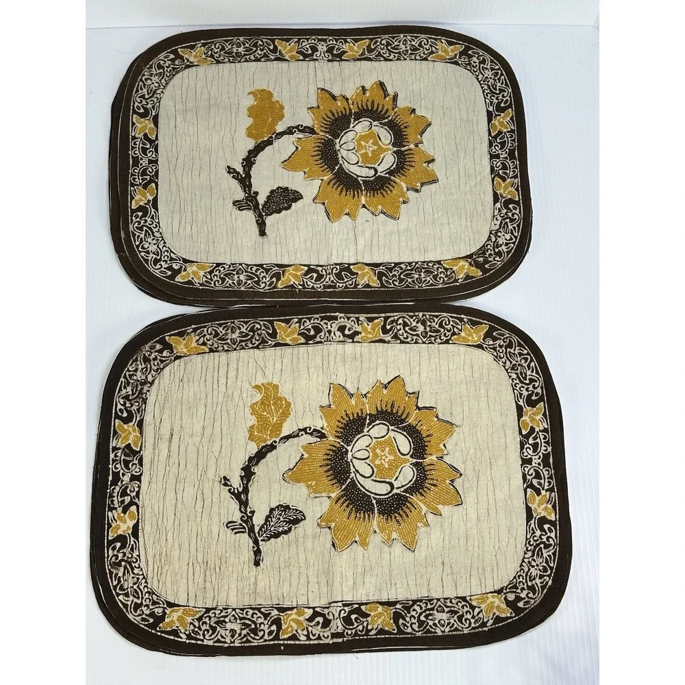 Vintage MCM Linen Placemat Sunflower‎ Print Set 6 Gold Brown Table Decor Table